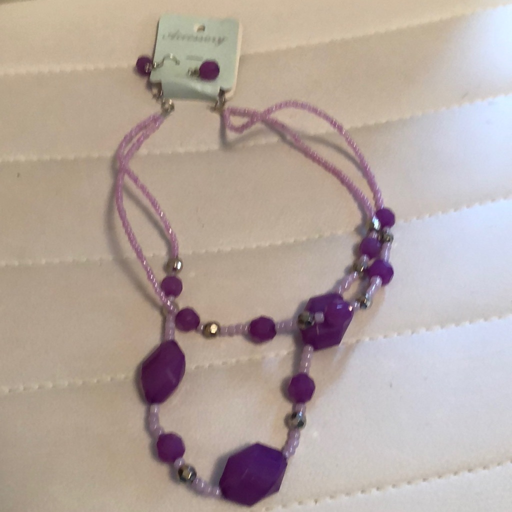 2 Strand Purple Beaded Necklace With Matching Dangling Earrings
